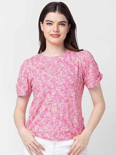 spykar pink cotton floral print top