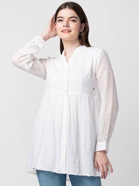 spykar white cotton self pattern tunic