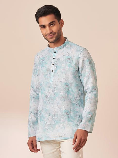 manyavar turquoise regular fit floral print short kurta