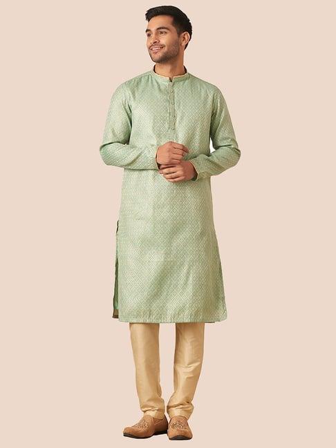 manyavar light green & gold regular fit self design kurta & pyjamas set