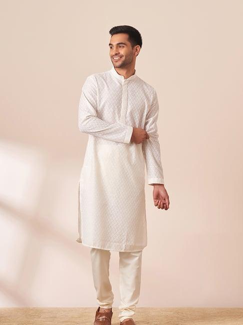 manyavar off white regular fit self design kurta & pyjamas set