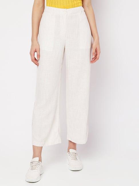 vero moda white & beige striped trousers