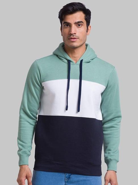 parx light green & blue regular fit colour block hooded sweatshirt