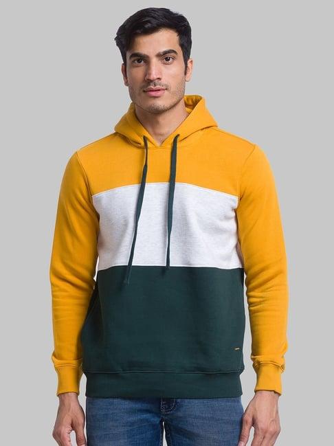 parx yellow & green regular fit colour block hooded sweatshirt