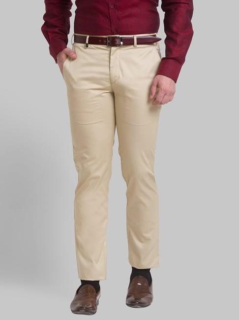 park avenue beige cotton super slim fit trousers