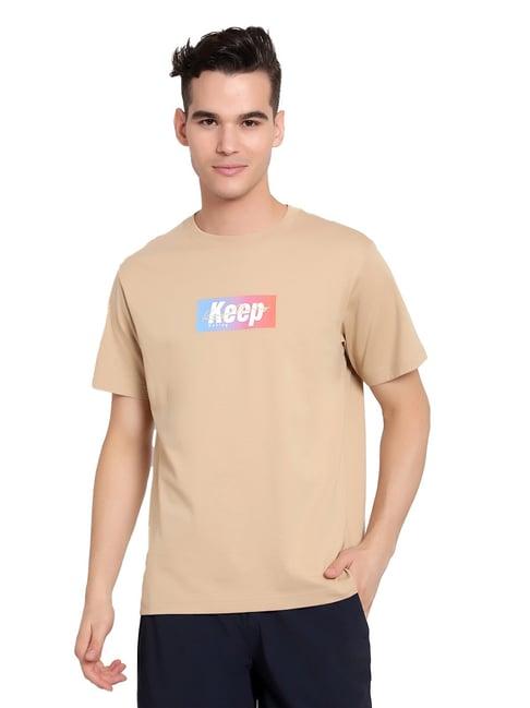 anta brown regular fit printed crew t-shirt