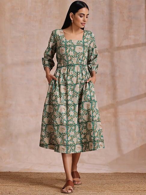 true browns green cotton printed a-line dress