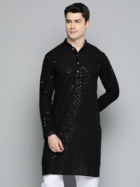 jompers black regular fit chikankari embroidered kurta