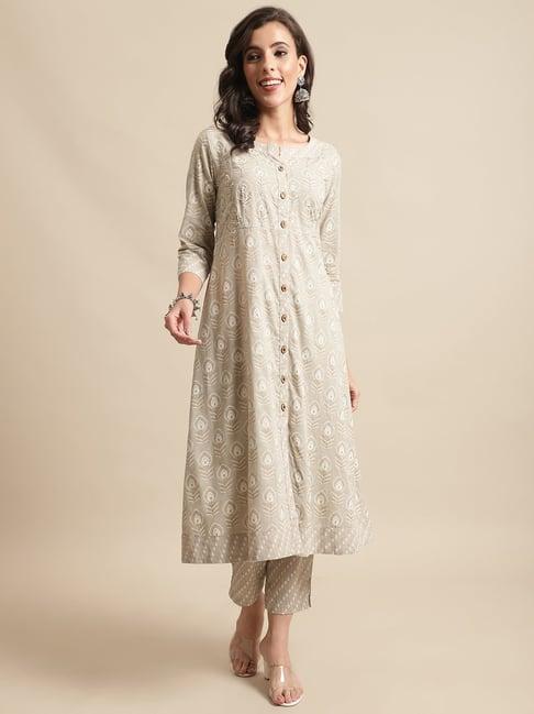 cantabil beige printed kurta pants set