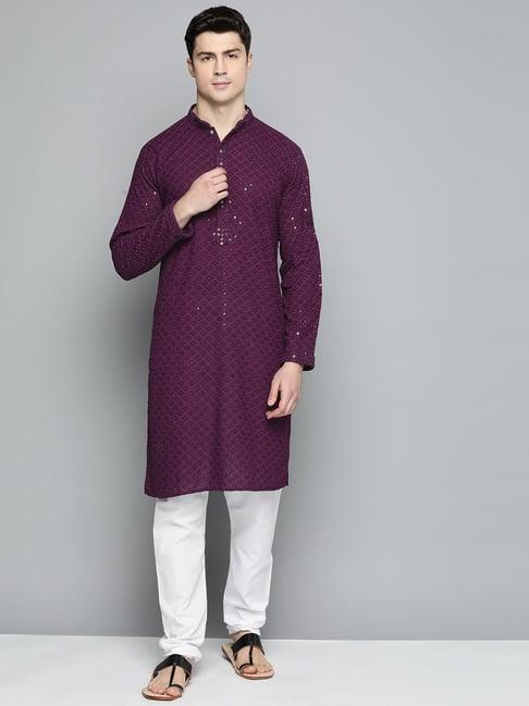 jompers purple regular fit chikankari embroidered kurta & churidar set