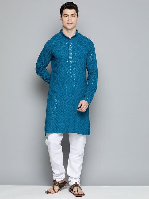 jompers blue regular fit chikankari embroidered kurta & churidar set