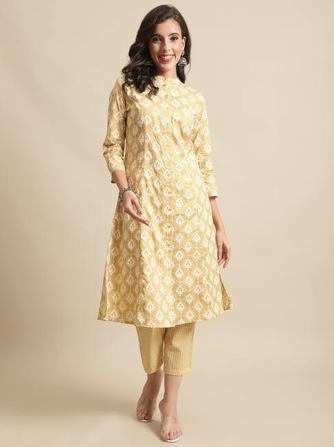 cantabil yellow printed kurta pants set