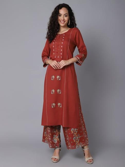 cantabil rust printed kurta & palazzos set