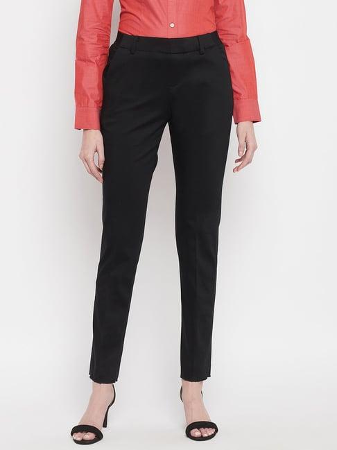 crozo by cantabil black regular fit mid rise trousers