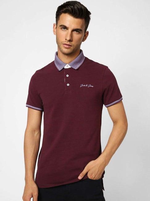 jack & jones maroon cotton slim fit polo t-shirt