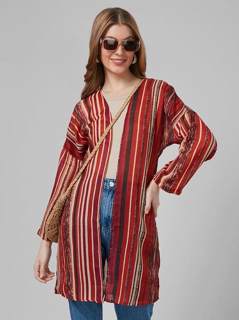 style quotient red & maroon striped long shrug