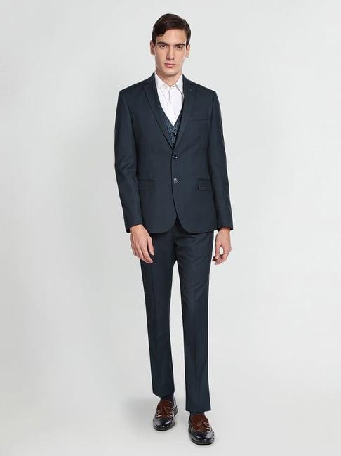 arrow navy regular fit textured three piece suit