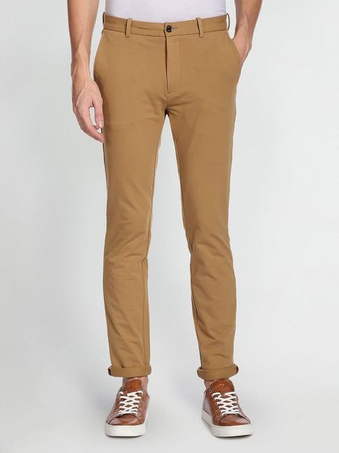 arrow sport khaki skinny fit flat front trousers