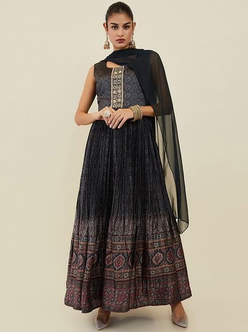 soch grey embroidered gown churidar set with dupatta