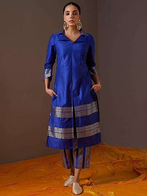 abhishti blue zari work kurta pant set