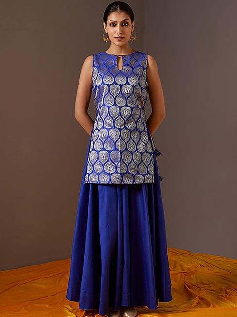 abhishti blue zari work kurti skirt set