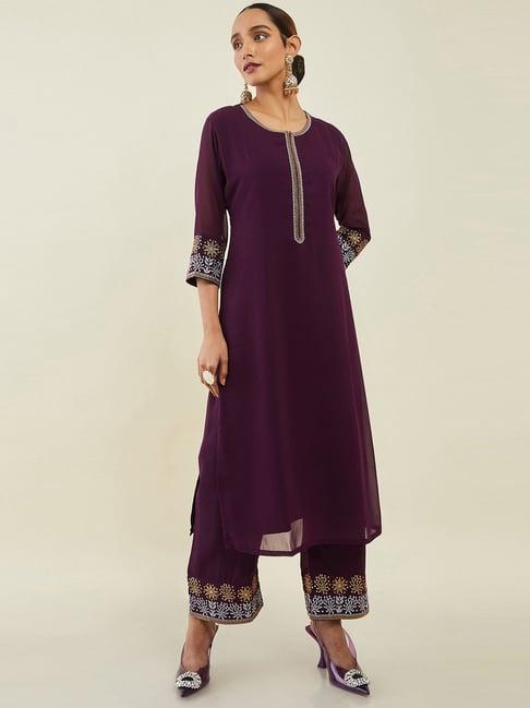 soch purple embroidered kurta palazzo set