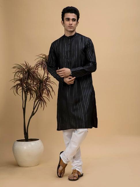 neudis black & white regular fit striped kurta & churidar set