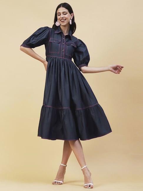 fashor navy a-line denim dress