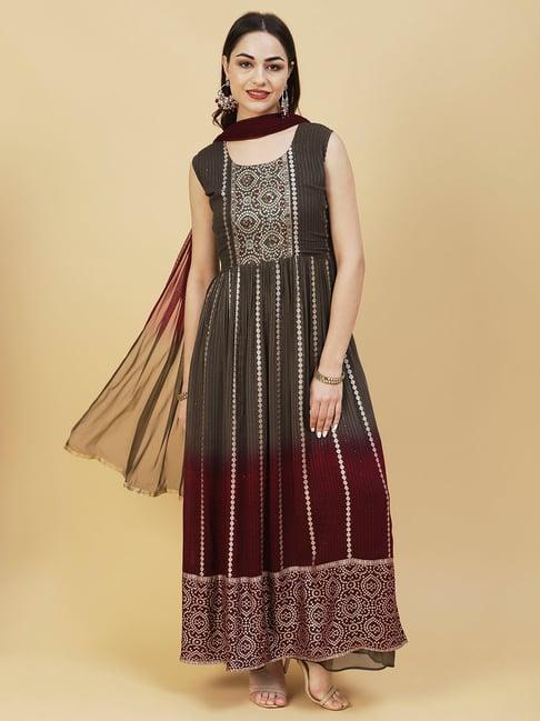 fashor moss green embroidered kurta palazzo set with dupatta