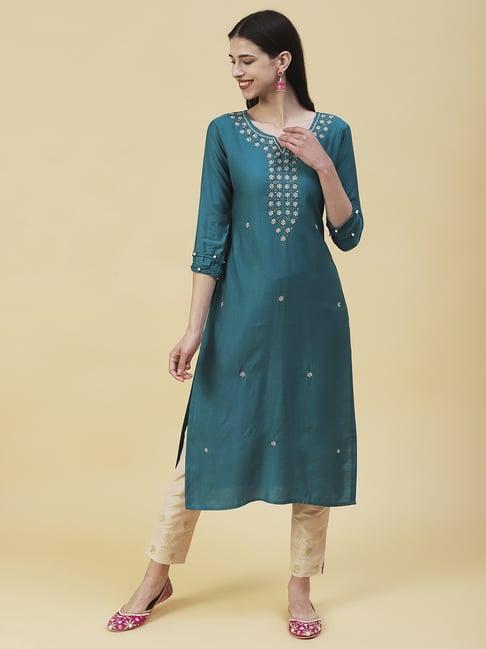 fashor teal blue embellished straight kurta