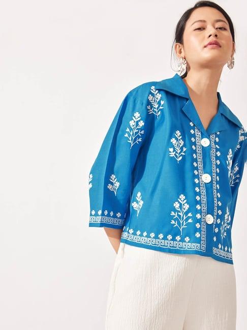 the label life blue rayon floral shirt