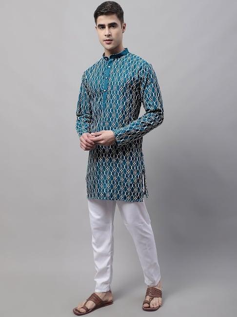 jompers teal pure cotton regular fit embroidered kurta bottom set