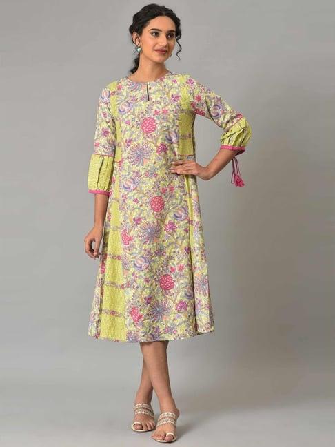 w green floral print a-line dress