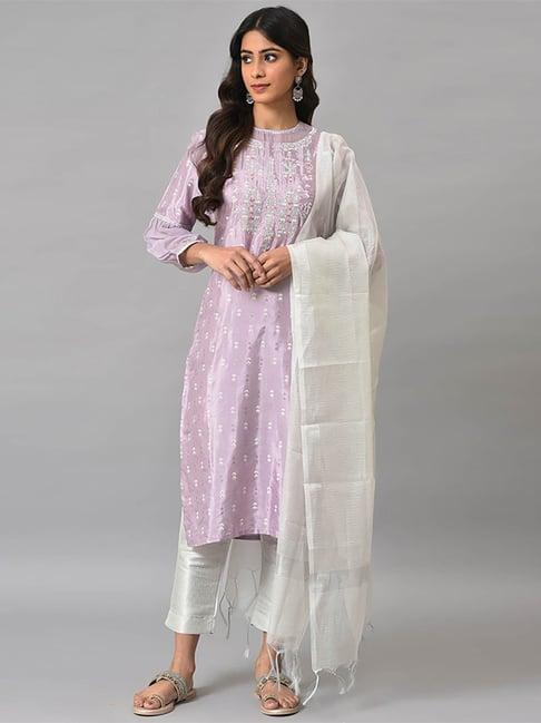 w purple & silver embroidered kurta pant set with dupatta