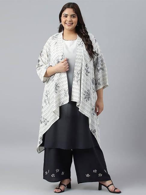 w cream & black floral print kurta palazzo set with gilet