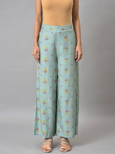 w aqua blue floral print palazzos