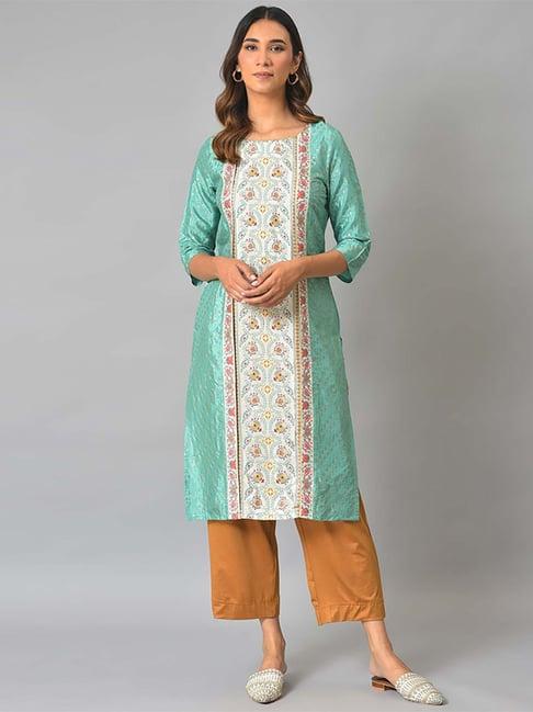 w sea green floral print straight kurta