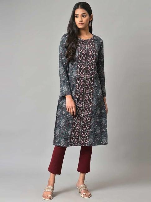 w teal blue floral print straight winter kurta