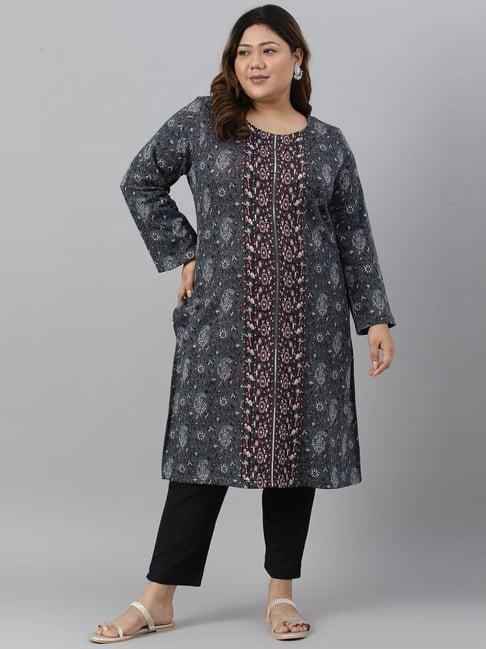 w teal blue floral print straight winter kurta