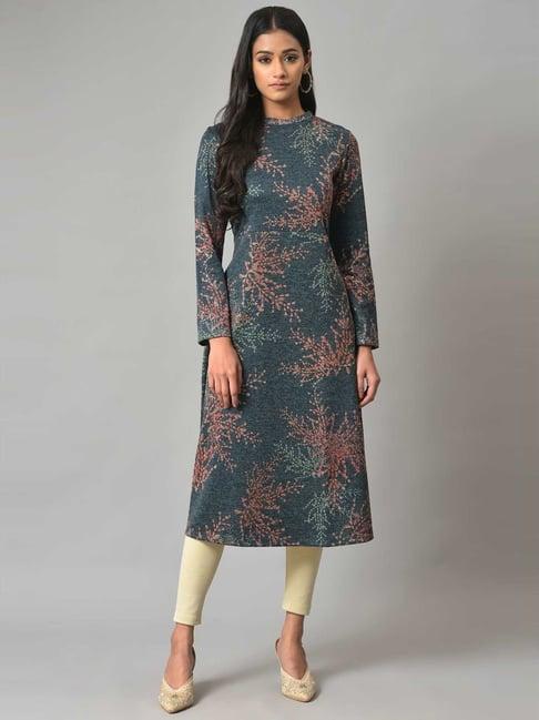 w blue floral print a line winter kurta