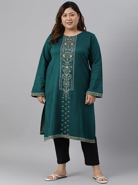 w green printed straight winter kurta