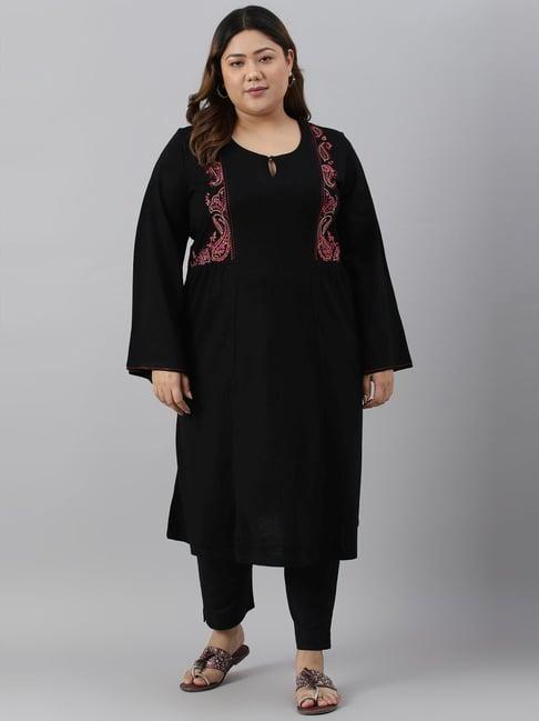 w black embroidered fit & flare winter kurta