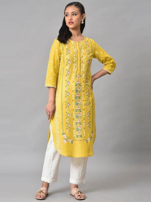 w yellow floral print straight kurta