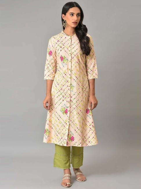 w peach floral print a line kurta