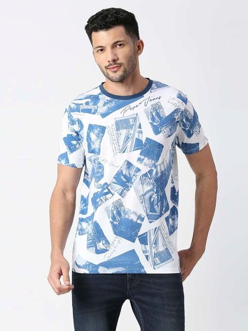 pepe jeans logan white & blue slim fit printed cotton crew t-shirt