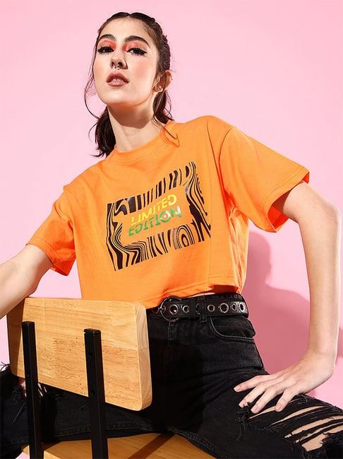 anvi be yourself orange cotton printed crop top