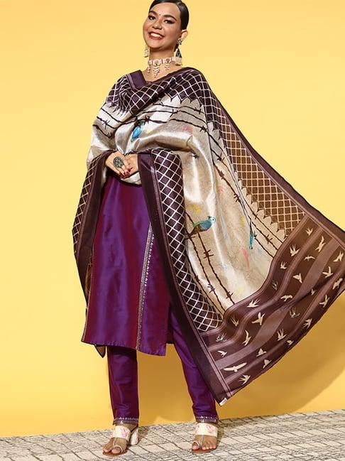 rang gali purple & beige printed dupatta