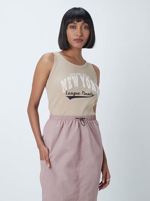 nuon by westside light brown text-patterned top