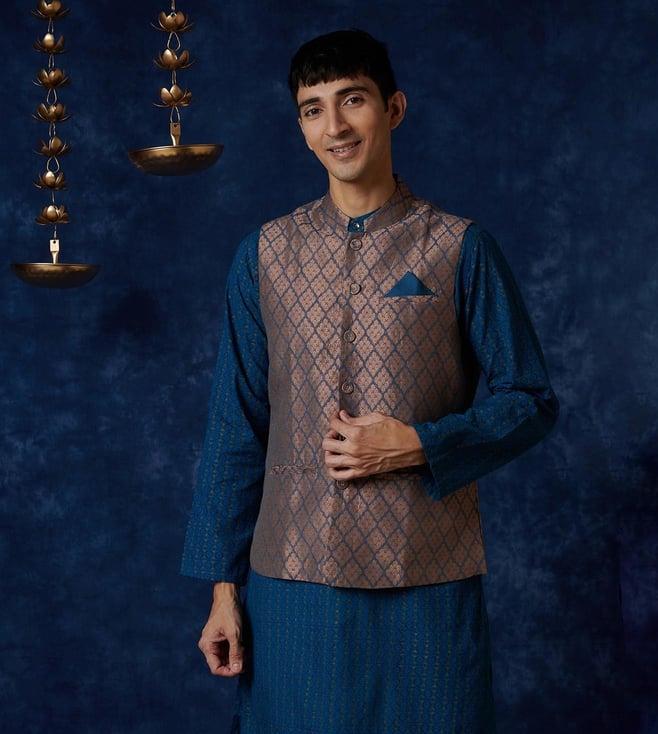 fabindia blue abstract  brocade chinese collar nehru jacket