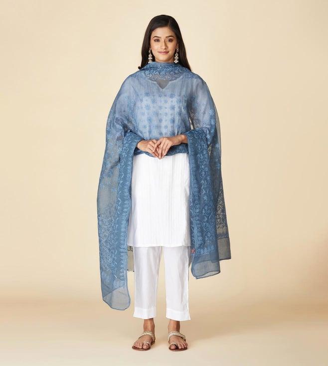 fabindia indigo  cotton silk chikankari dupatta